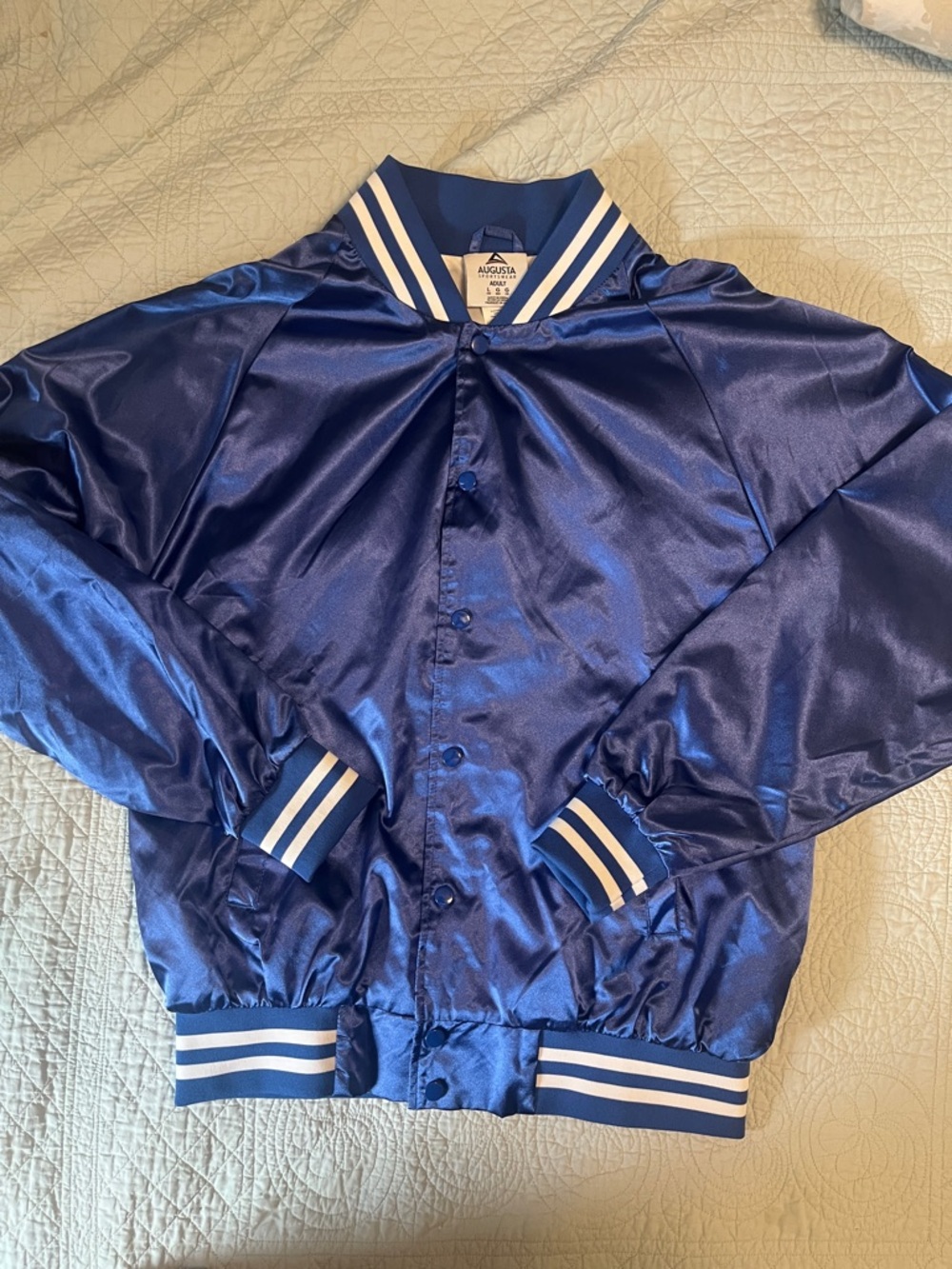 Augusta Sportswear Blue Satin Bomber Jacket with White Stripes